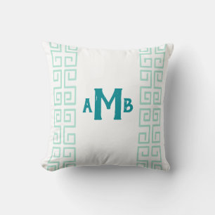 Teal Chinoiserie Wide Greek Key Stripe Monogram Cushion