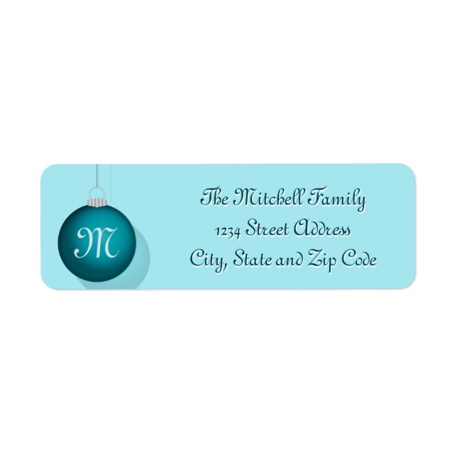Teal Christmas Ball Monogram Return Address Label (Front)