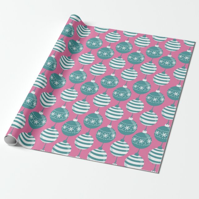 Teal Christmas Baubles With Pink Background Wrapping Paper (Unrolled)