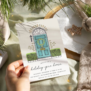 Teal Christmas Door   Holiday Open House Invitation