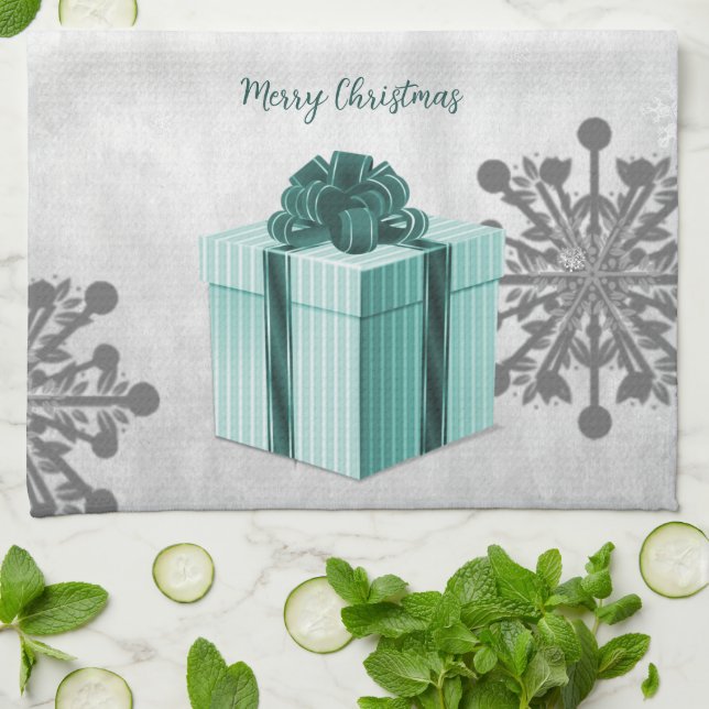Teal Christmas Gift Holiday Kitchen Towel (Folded)