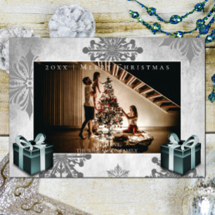Teal Christmas Gifts and Snowflakes Photo Card