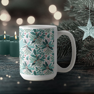 Teal Christmas Holly Berries Pattern#17 ID1009 Coffee Mug