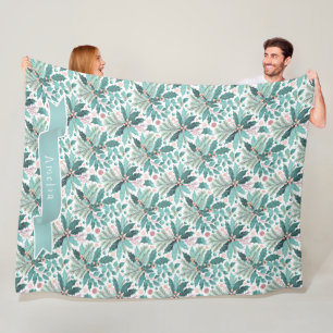 Teal Christmas Holly Berries Pattern#17 ID1009 Fleece Blanket