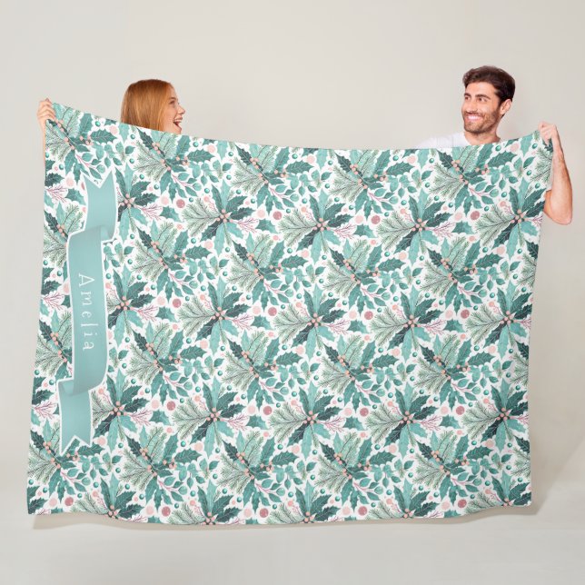 Teal Christmas Holly Berries Pattern#17 ID1009 Fleece Blanket (In Situ)