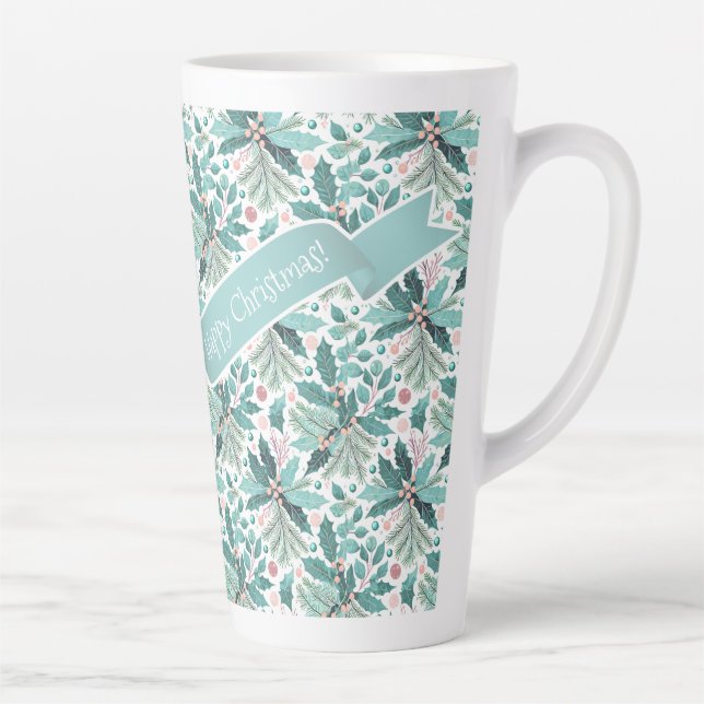 Teal Christmas Holly Berries Pattern#17 ID1009 Latte Mug (Right)