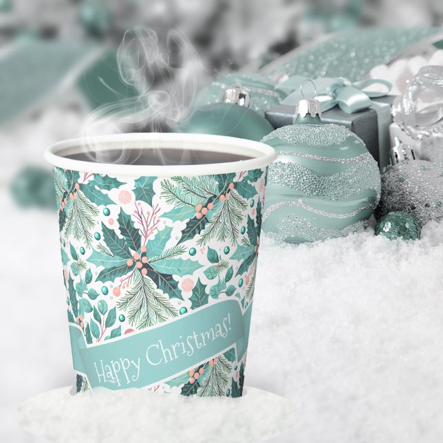 Teal Christmas Holly Berries Pattern#17 ID1009 Paper Cups (Creator Uploaded)