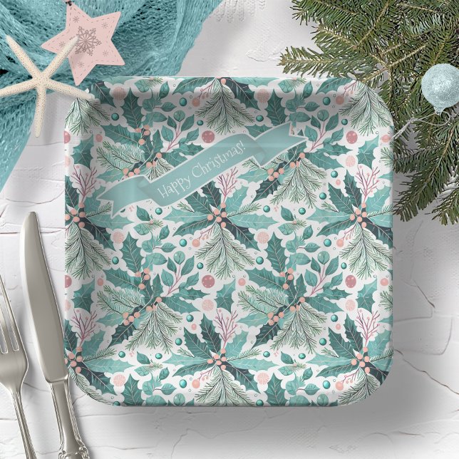 Teal Christmas Holly Berries Pattern#17 ID1009 Paper Plate (Creator Uploaded)