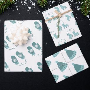  Teal Christmas Mittens, Ice Skates and Hats Wrapping Paper Sheet