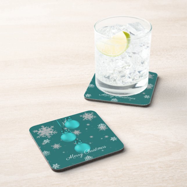 Teal Christmas Ornaments Beverage Coaster (Right Side)
