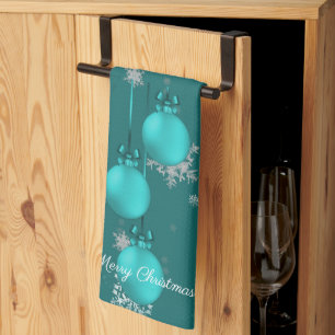 Teal Christmas Ornaments Kitchen Towel