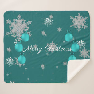 Teal Christmas Ornaments Sherpa Blanket