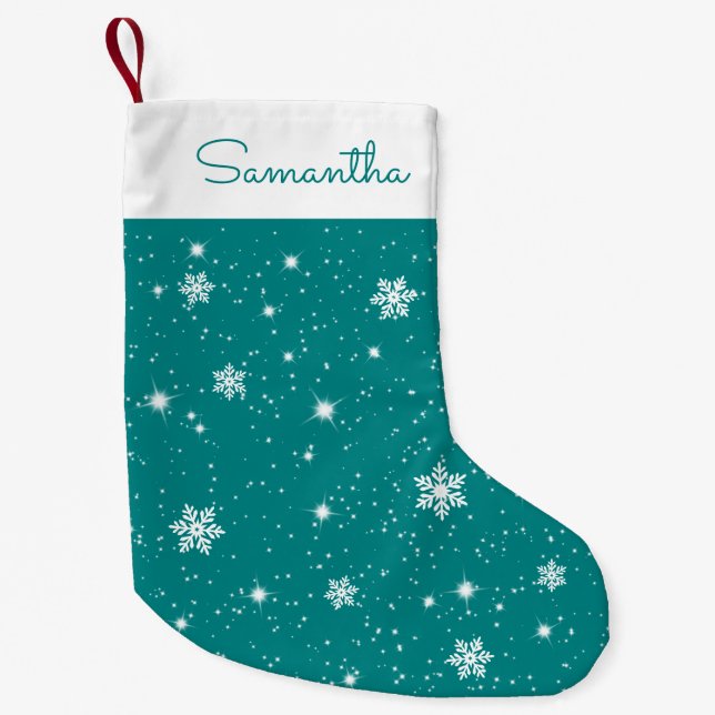 Teal Christmas Snowflakes Stars Pattern with Name Small Christmas Stocking (Front)