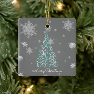 Teal Christmas Tree and Snowflakes Ceramic Ornament