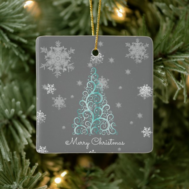 Teal Christmas Tree and Snowflakes Ceramic Ornament (Tree)