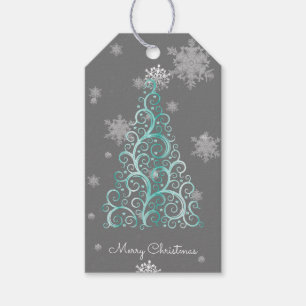Teal Christmas Tree and Snowflakes Gift Tag