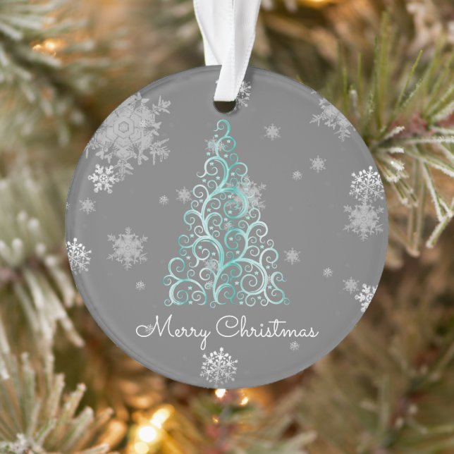 Teal Christmas Tree and Snowflakes Ornament (Tree)