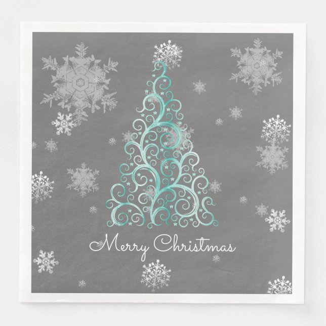Teal Christmas Tree and Snowflakes Paper Napkin (Front)