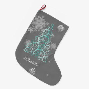 Teal Christmas Tree and Snowflakes Stocking