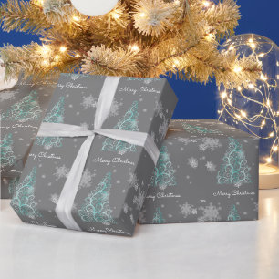 Teal Christmas Tree and Snowflakes  Wrapping Paper