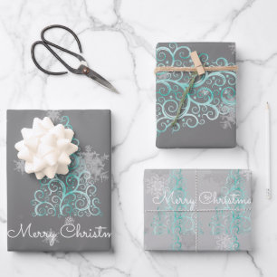 Teal Christmas Tree and Snowflakes Wrapping Paper Sheet