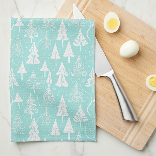 Teal Christmas Tree Pattern#6 ID1009 Tea Towel (Quarter Fold)
