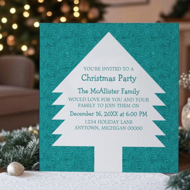 Teal Christmas Tree Swirls Party Invite (Teal Christmas Tree Swirls Party Invitation)