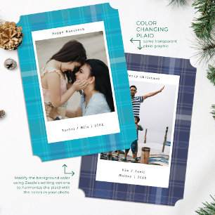 Teal Colour Changing Plaid Photo Hanukkah Card