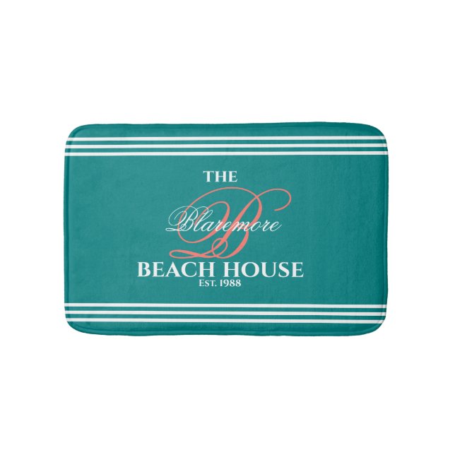 Teal Colour Coral Initial White Stripes Beach Home Bath Mat (Front)