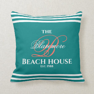 Teal Colour Coral Monogram Script Initial 2 Sides Cushion
