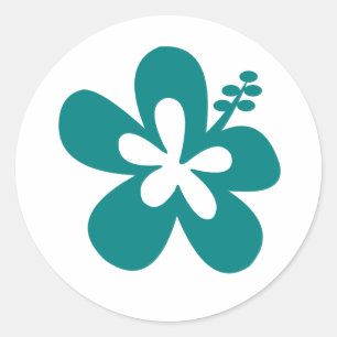 teal colour hibiscus flower design classic round sticker