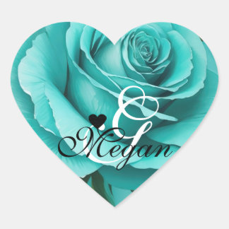 Teal Colour Rose Background Monogram Name Heart Sticker
