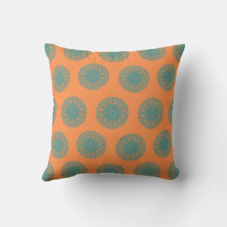 teal-coloured mandala designs arranged orange bac cushion