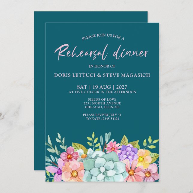  Teal Colourful  Floral Rehearsal Dinner  Invitation (Front/Back)