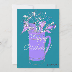 Teal Colourful Happy Birthday Flowers In Mug  Holiday Card