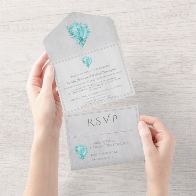 Teal Conch Shell All in One Wedding Invite (Tearaway)