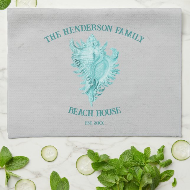 Teal Conch Shell Kitchen Towel (Folded)
