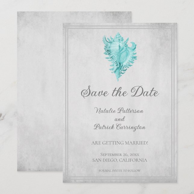 Teal Conch Shell Save the Date Invite (Front/Back)