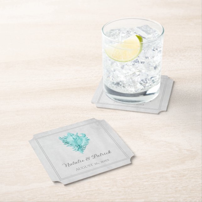 Teal Conch Shell Wedding Paper Coasters (Insitu)