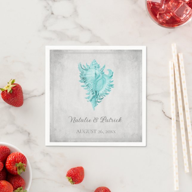 Teal Conch Shell Wedding Paper Napkins (Insitu)
