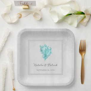 Teal Conch Shell Wedding Paper Plates