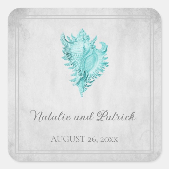 Teal Conch Shell Wedding Stickers (Front)