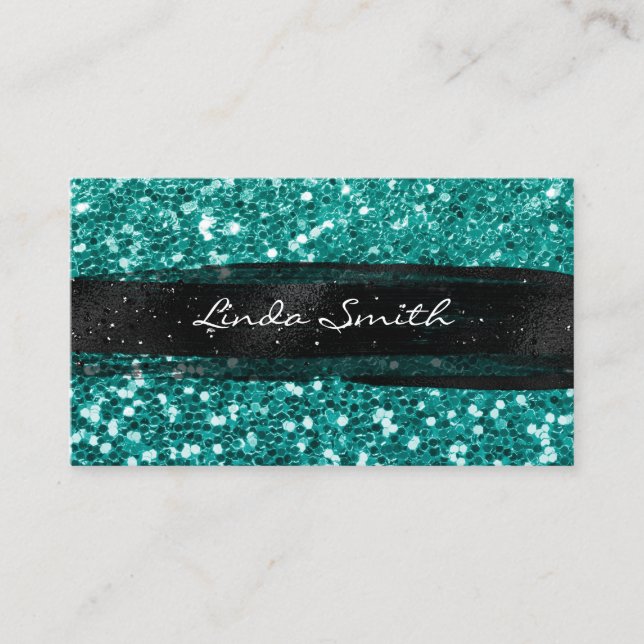Teal Confetti Glitter Black Brush Strokes Business Card (Front)