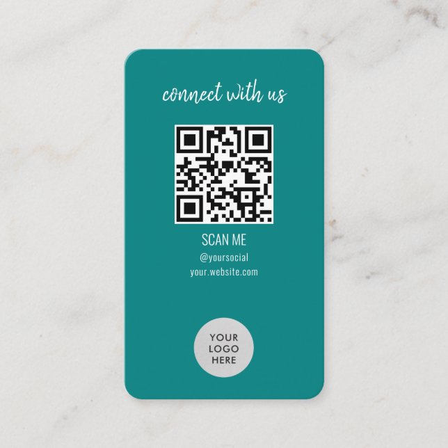 Teal Connect With Us QR Code Business Card (Front)
