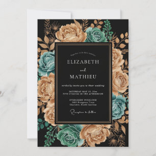 Teal Copper Artistic Floral Wedding Invitation