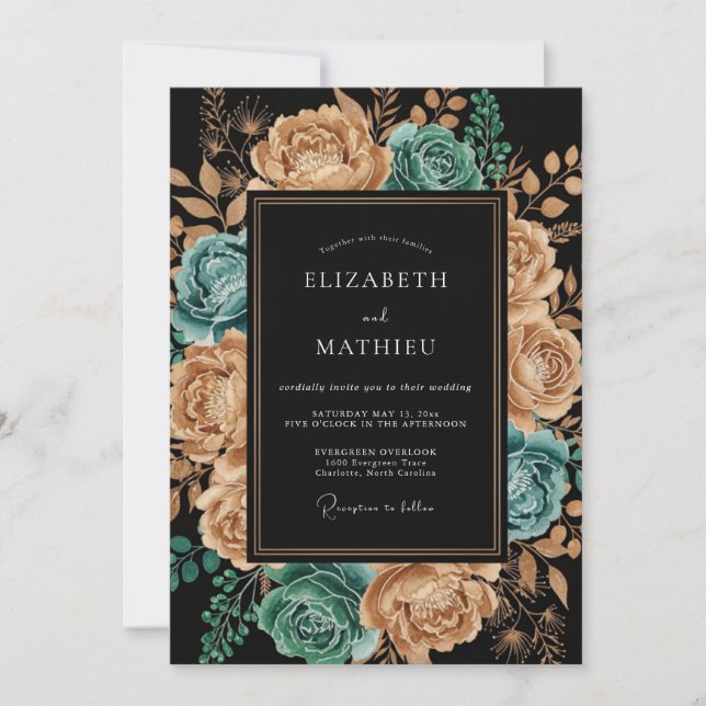 Teal Copper Artistic Floral Wedding Invitation (Front)