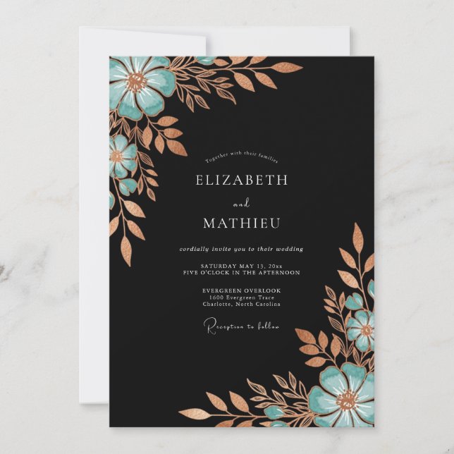 Teal Copper Bloom Romance Wedding Invitation (Front)
