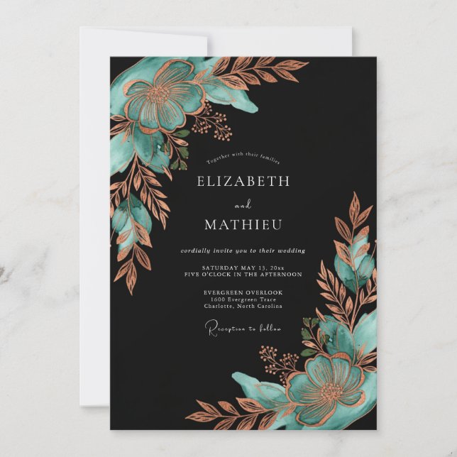 Teal Copper Botanical Bloom Wedding Invitation (Front)