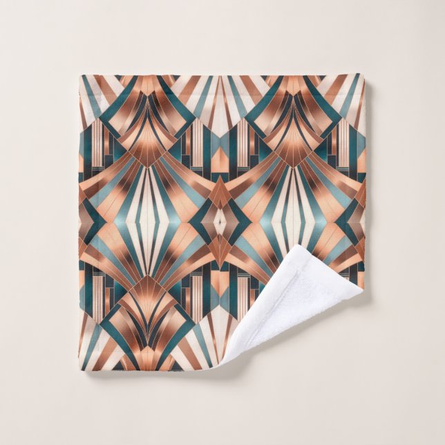 Teal Copper Geometric Skyscraper Neo Art Deco Bath Towel Set (Wash Cloth)