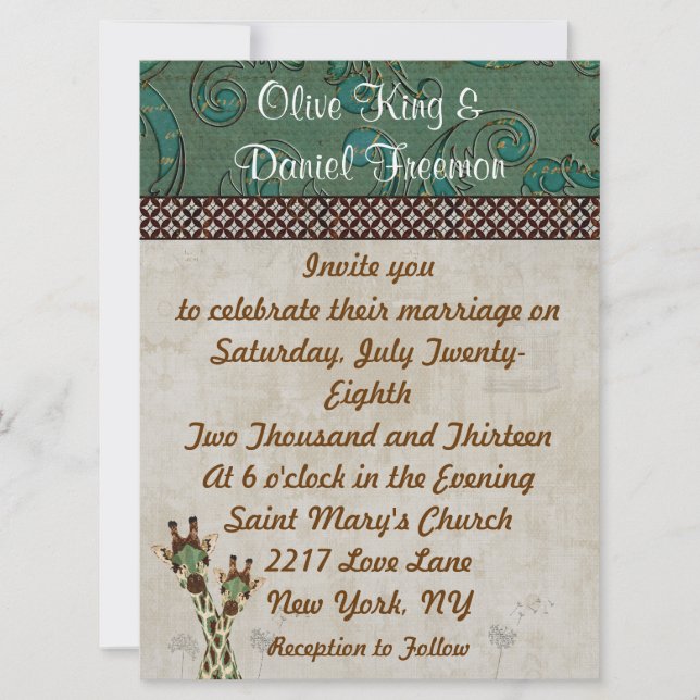 Teal & Copper Giraffes  Wedding Invitation (Front)
